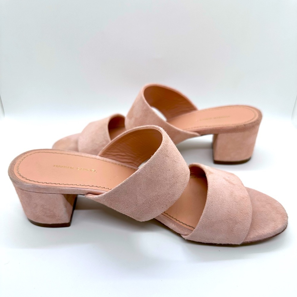 Mansur Gavriel Apricot Suede Double Strap Block Heel Slides - Picture 3 of 8